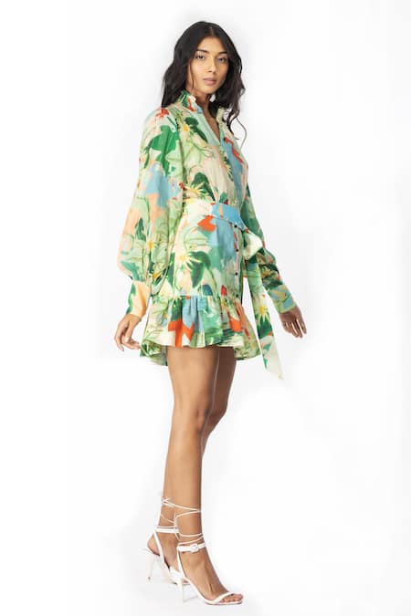 Mandira Wirk Resort_Green Cotton Lurex Tropical Motifs Band Collar Print Shirt Dress _Online_at_Aza_Fashions