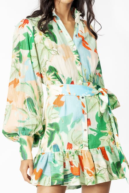 Shop_Mandira Wirk Resort_Green Cotton Lurex Tropical Motifs Band Collar Print Shirt Dress _Online_at_Aza_Fashions