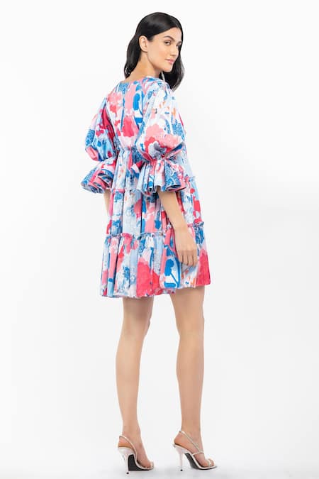 Shop Mandira Wirk Resort Pink Satin Tropical Motifs V Neck Print Tiered Dress at Aza Fashions Shop_Mandira Wirk Resort_Pink Satin Tropical Motifs V Neck Print Tiered Dress _at_Aza_Fashions