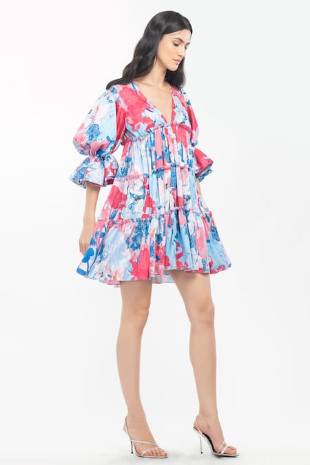 Mandira Wirk Resort Pink Satin Tropical Motifs V Neck Print Tiered Dress Online at Aza Fashions Mandira Wirk Resort_Pink Satin Tropical Motifs V Neck Print Tiered Dress _Online_at_Aza_Fashions