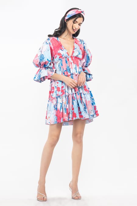 Buy Mandira Wirk Resort Pink Satin Tropical Motifs V Neck Print Tiered Dress Online at Aza Fashions Buy_Mandira Wirk Resort_Pink Satin Tropical Motifs V Neck Print Tiered Dress _Online_at_Aza_Fashions