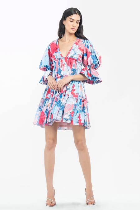 Shop Mandira Wirk Resort Pink Satin Tropical Motifs V Neck Print Tiered Dress Online at Aza Fashions Shop_Mandira Wirk Resort_Pink Satin Tropical Motifs V Neck Print Tiered Dress _Online_at_Aza_Fashions