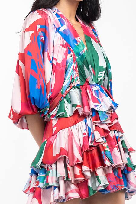 Buy Mandira Wirk Resort Red Satin Abstract Motifs V Neck Printed Layered Dress Online at Aza Fashions Buy_Mandira Wirk Resort_Red Satin Abstract Motifs V Neck Printed Layered Dress _Online_at_Aza_Fashions