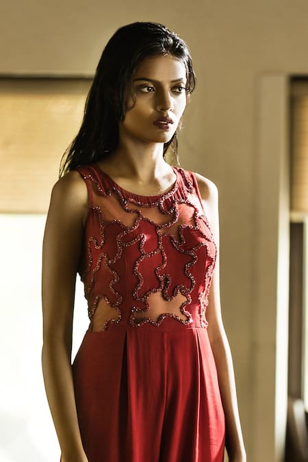 Shop Samatvam By Anjali Bhaskar Maroon Tulle, Viscose Georgette Round Embellished Jumpsuit at Aza Fashions Shop_Samatvam By Anjali Bhaskar_Maroon Tulle, Viscose Georgette Round Embellished Jumpsuit _at_Aza_Fashions