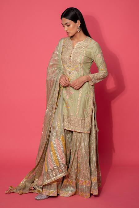 Simar Dugal_Green Chanderi Stripe, Organza And Cotton Voil Aari, Patchwork & Kurta Sharara Set _Online_at_Aza_Fashions