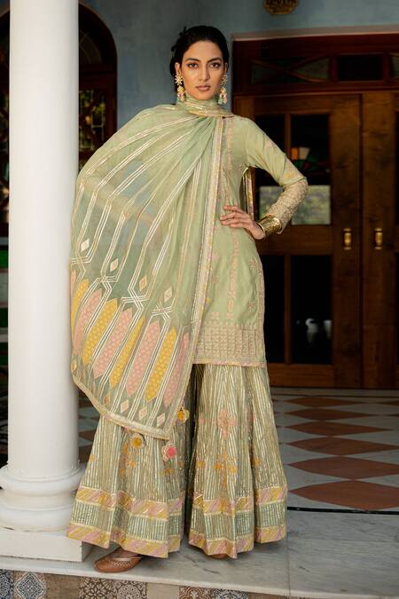 Buy_Simar Dugal_Green Chanderi Stripe, Organza And Cotton Voil Aari, Patchwork & Kurta Sharara Set _Online_at_Aza_Fashions