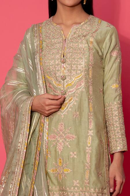 Shop_Simar Dugal_Green Chanderi Stripe, Organza And Cotton Voil Aari, Patchwork & Kurta Sharara Set _Online_at_Aza_Fashions