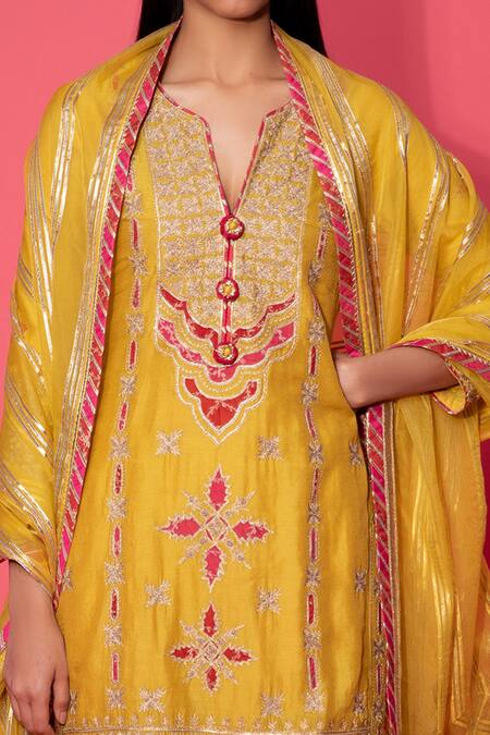 Simar Dugal_Yellow Chanderi Stripe, Organza And Cotton Voil Aari, Patchwork Kurta Sharara Set _Online_at_Aza_Fashions