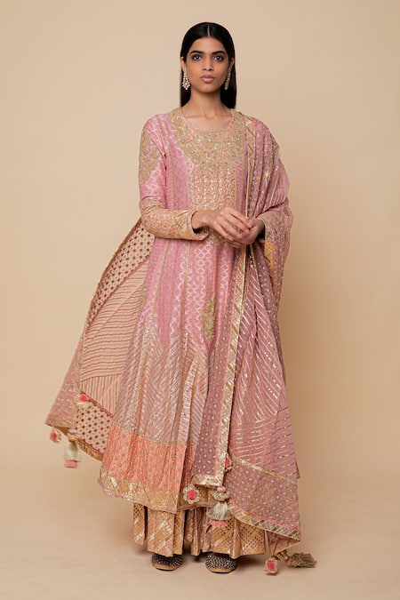 Simar Dugal Pink Handwoven Chanderi Banarasi Embroidery Dori Anarkali Sharara Set 