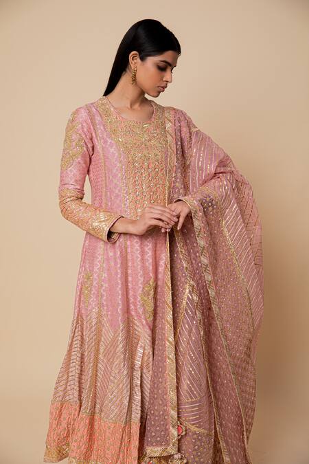 Simar Dugal_Pink Silk, Handwoven Banarasi, Organza And Anarkali Sharara Set _Online_at_Aza_Fashions