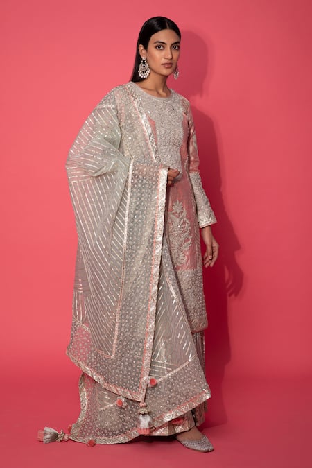 Simar Dugal_Pink Silk, Handwoven Banarasi, Organza And Kurta Sharara Set _Online_at_Aza_Fashions