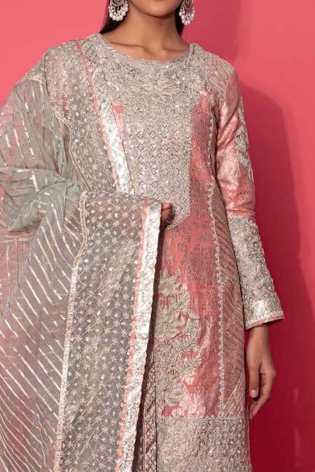 Buy_Simar Dugal_Pink Silk, Handwoven Banarasi, Organza And Kurta Sharara Set _Online_at_Aza_Fashions