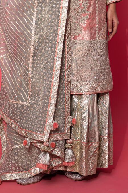 Shop_Simar Dugal_Pink Silk, Handwoven Banarasi, Organza And Kurta Sharara Set _Online_at_Aza_Fashions
