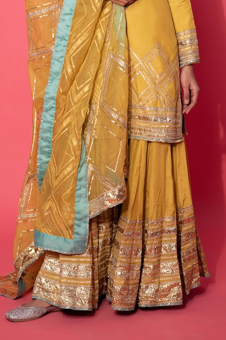Simar Dugal_Yellow Chanderi Silk, Cotton Silk, Organza And Shantoon Gota & Kurta Sharara Set _Online_at_Aza_Fashions