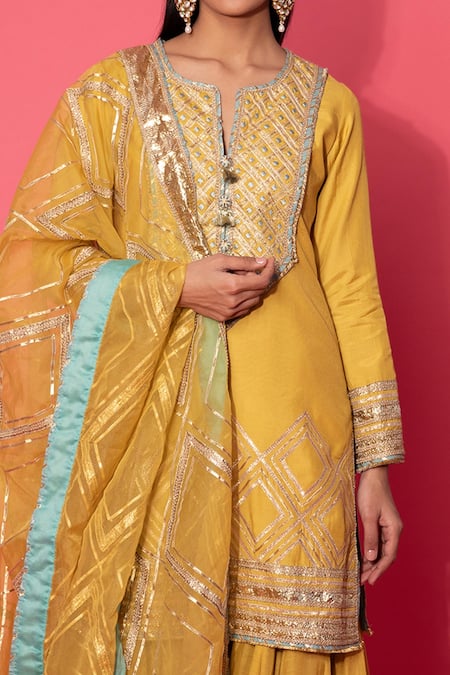 Buy_Simar Dugal_Yellow Chanderi Silk, Cotton Silk, Organza And Shantoon Gota & Kurta Sharara Set _Online_at_Aza_Fashions