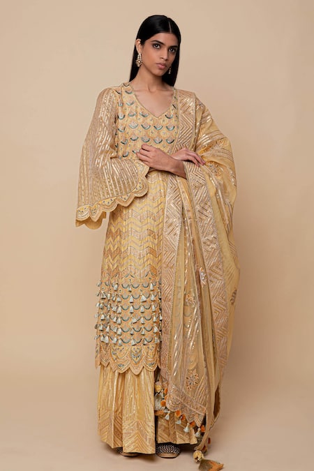 Simar Dugal Yellow Chanderi Silk Embroidery Thread V Neck Kurta Sharara Set 