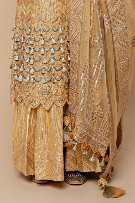 Buy_Simar Dugal_Yellow Chanderi Silk, Organza And Shantoon Thread, Zari & Kurta Sharara Set _Online_at_Aza_Fashions