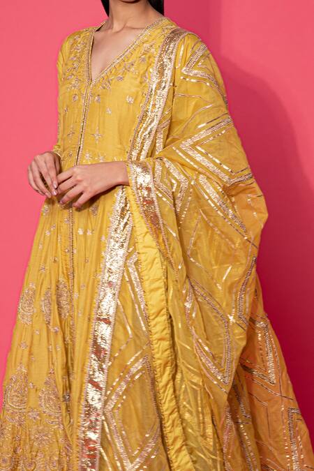 Buy_Simar Dugal_Yellow Cotton Silk, Organza And Shantoon Aari, Embroidered Anarkali Sharara Set _Online_at_Aza_Fashions