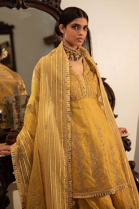 Shop_Simar Dugal_Yellow Chanderi, Organza And Cotton Voil Aari, Badla & Gota V Kurta Sharara Set _Online_at_Aza_Fashions