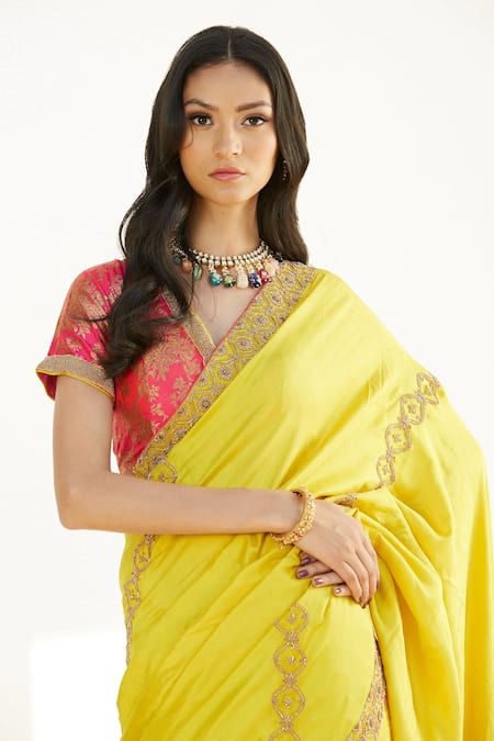Romaa_Yellow Dupion Zardozi Work V Neck Hand Embroidered Saree With Blouse _Online_at_Aza_Fashions