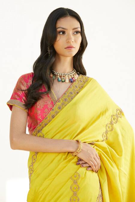 Buy_Romaa_Yellow Dupion Zardozi Work V Neck Hand Embroidered Saree With Blouse _Online_at_Aza_Fashions