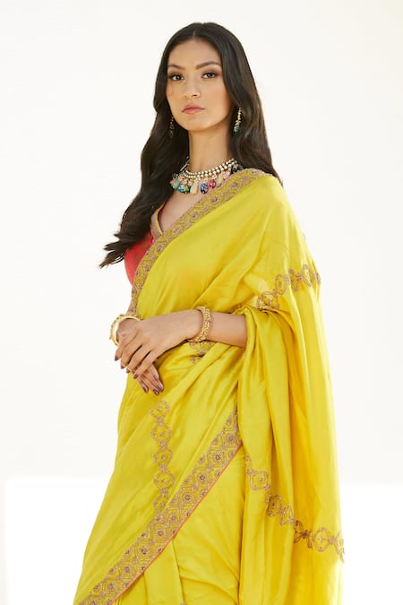 Shop_Romaa_Yellow Dupion Zardozi Work V Neck Hand Embroidered Saree With Blouse _Online_at_Aza_Fashions