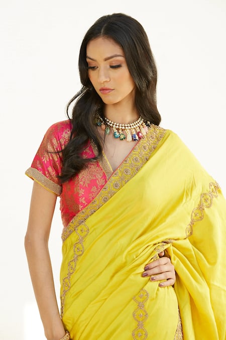 Romaa_Yellow Dupion Zardozi Work V Neck Hand Embroidered Saree With Blouse _at_Aza_Fashions