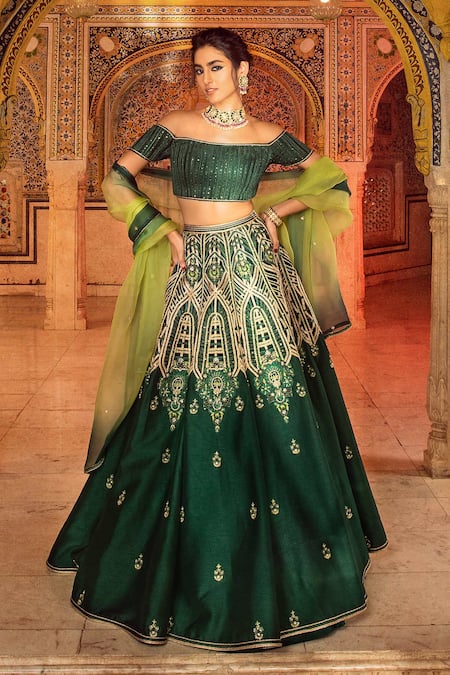 Shop Supria Munjal Green Raw Silk, Chanderi And Organza Cutdana, Sequin, Thread, Bridal Lehenga Set at Aza Fashions Shop_Supria Munjal_Green Raw Silk, Chanderi And Organza Cutdana, Sequin, Thread, Bridal Lehenga Set _at_Aza_Fashions