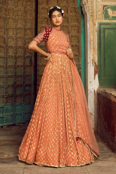 Supria Munjal Orange Georgette, Pure Organza And Raw Silk Embroidered Anarkali With Dupatta 