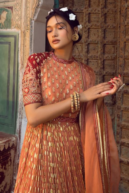 Shop Supria Munjal Orange Georgette, Pure Organza And Raw Silk Embroidered Anarkali With Dupatta at Aza Fashions Shop_Supria Munjal_Orange Georgette, Pure Organza And Raw Silk Embroidered Anarkali With Dupatta _at_Aza_Fashions