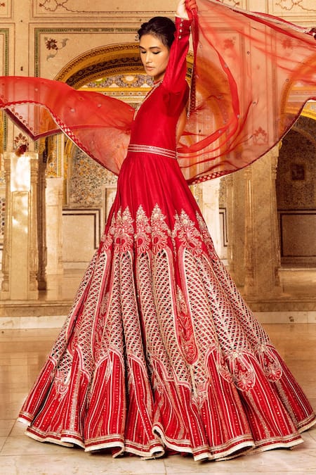 Shop Supria Munjal Maroon Raw Silk And Pure Organza Thread & Embroidered Anarkali With Dupatta at Aza Fashions Shop_Supria Munjal_Maroon Raw Silk And Pure Organza Thread & Embroidered Anarkali With Dupatta _at_Aza_Fashions