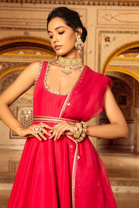 Shop Supria Munjal Pink Raw Silk And Pure Organza Thread & Sequin, Embroidered Anarkali With Dupatta at Aza Fashions Shop_Supria Munjal_Pink Raw Silk And Pure Organza Thread & Sequin, Embroidered Anarkali With Dupatta _at_Aza_Fashions