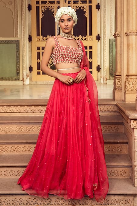 Supria Munjal Pink Pure Organza And Chanderi Nakshi, Sequin & Pearl Square Neck Lehenga Set 