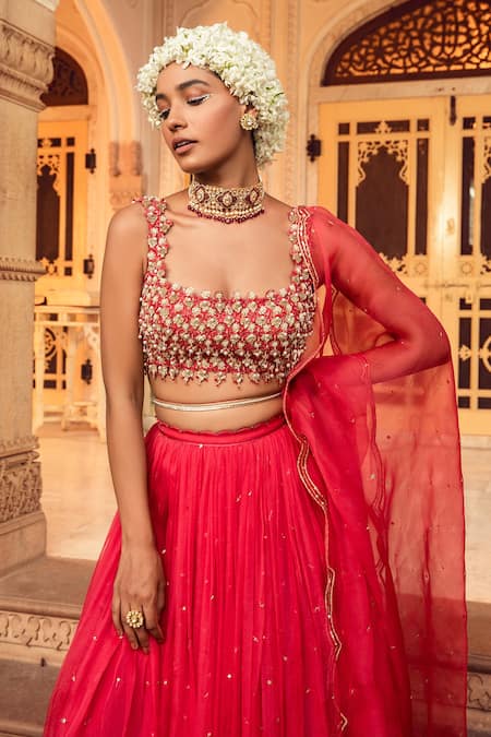 Shop Supria Munjal Pink Pure Organza And Chanderi Nakshi, Sequin & Pearl Square Neck Lehenga Set at Aza Fashions Shop_Supria Munjal_Pink Pure Organza And Chanderi Nakshi, Sequin & Pearl Square Neck Lehenga Set _at_Aza_Fashions