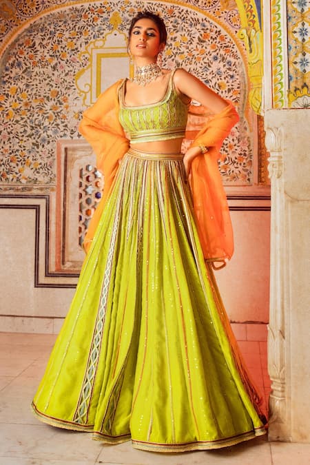 Supria Munjal Green Raw Silk Cord And Sequin Square Neck Embroidered Lehenga Set 