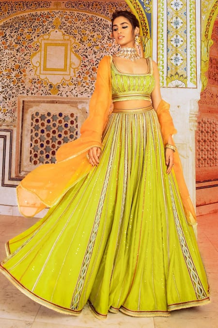 Shop Supria Munjal Green Raw Silk Cord And Sequin Square Neck Embroidered Lehenga Set at Aza Fashions Shop_Supria Munjal_Green Raw Silk Cord And Sequin Square Neck Embroidered Lehenga Set _at_Aza_Fashions