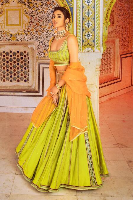 Buy Supria Munjal Green Raw Silk Cord And Sequin Square Neck Embroidered Lehenga Set Online at Aza Fashions Buy_Supria Munjal_Green Raw Silk Cord And Sequin Square Neck Embroidered Lehenga Set _Online_at_Aza_Fashions