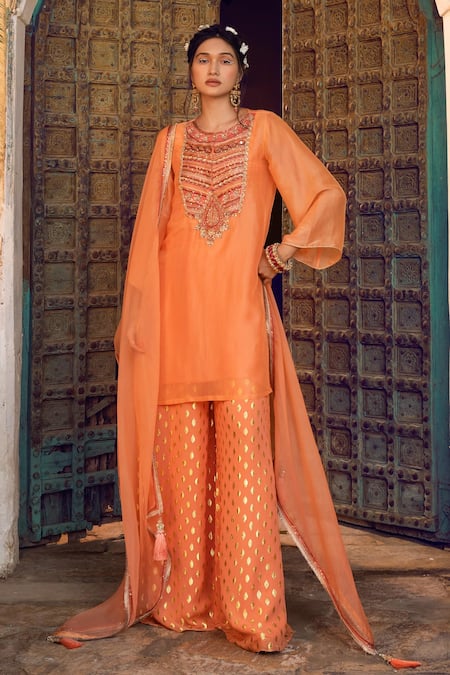 Supria Munjal Orange Organza And Georgette Sequin, Thread, Beads & Embroidered Kurta Palazzo Set 