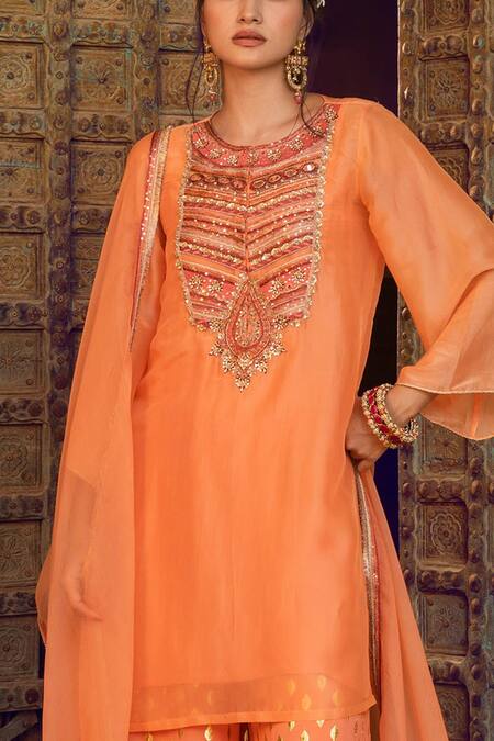 Supria Munjal Orange Organza And Georgette Sequin, Thread, Beads & Embroidered Kurta Palazzo Set Online at Aza Fashions Supria Munjal_Orange Organza And Georgette Sequin, Thread, Beads & Embroidered Kurta Palazzo Set _Online_at_Aza_Fashions