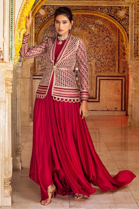 Shop Supria Munjal Maroon Raw Silk Cord And Sequin Round Asymmetric Gown With Jacket at Aza Fashions Shop_Supria Munjal_Maroon Raw Silk Cord And Sequin Round Asymmetric Gown With Jacket _at_Aza_Fashions