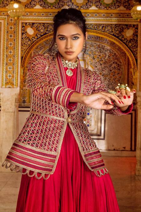 Supria Munjal Maroon Raw Silk Cord And Sequin Round Asymmetric Gown With Jacket Online at Aza Fashions Supria Munjal_Maroon Raw Silk Cord And Sequin Round Asymmetric Gown With Jacket _Online_at_Aza_Fashions