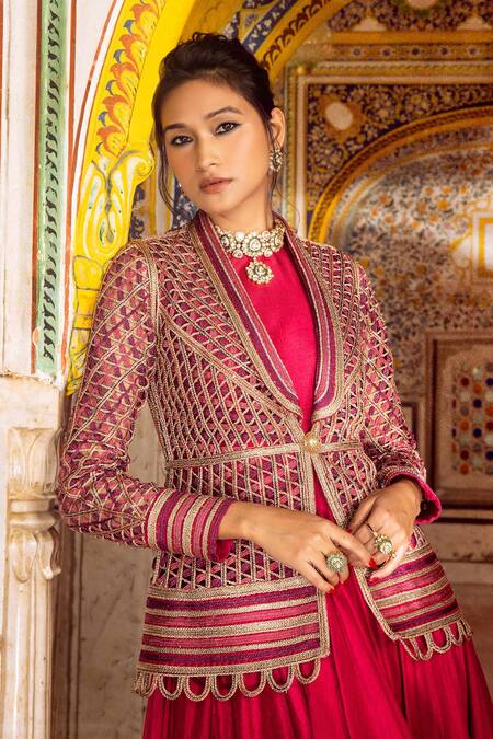 Buy Supria Munjal Maroon Raw Silk Cord And Sequin Round Asymmetric Gown With Jacket Online at Aza Fashions Buy_Supria Munjal_Maroon Raw Silk Cord And Sequin Round Asymmetric Gown With Jacket _Online_at_Aza_Fashions