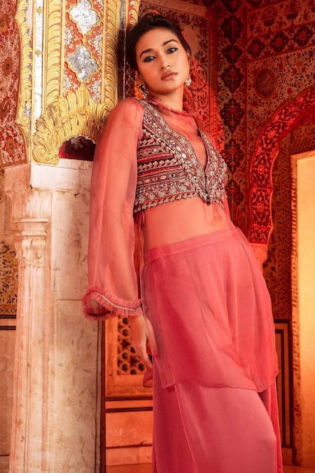 Supria Munjal Purple Chanderi And Georgette, Pure Organza Beads & Cutdana, Mirror, & Palazzo Set Online at Aza Fashions Supria Munjal_Purple Chanderi And Georgette, Pure Organza Beads & Cutdana, Mirror, & Palazzo Set _Online_at_Aza_Fashions