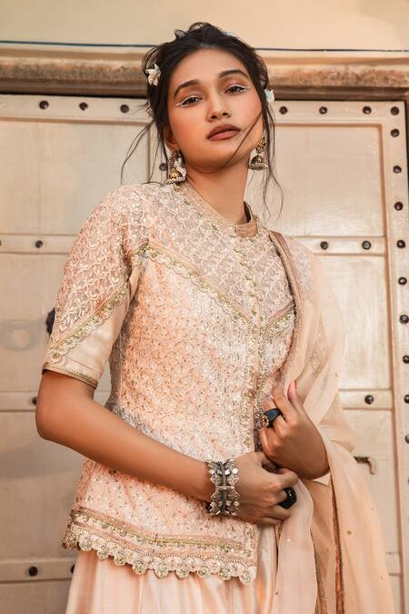 Shop Supria Munjal Pink Chanderi, Raw Silk And Pure Organza Sequin, Embroidered Jacket Lehenga Set at Aza Fashions Shop_Supria Munjal_Pink Chanderi, Raw Silk And Pure Organza Sequin, Embroidered Jacket Lehenga Set_at_Aza_Fashions