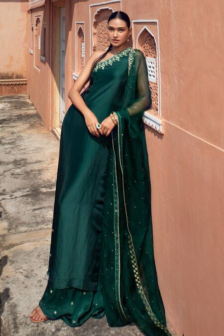 Supria Munjal Green Satin Georgette And Organza Sequin, Thread, Bead & Kaftan Palazzo Set Online at Aza Fashions Supria Munjal_Green Satin Georgette And Organza Sequin, Thread, Bead & Kaftan Palazzo Set_Online_at_Aza_Fashions