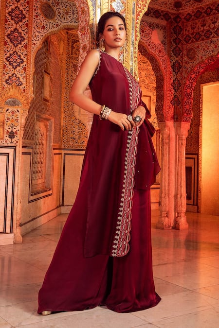 Shop Supria Munjal Purple Satin Georgette And Organza Cording, Kaftan Style Kurta & Palazzo Set at Aza Fashions Shop_Supria Munjal_Purple Satin Georgette And Organza Cording, Kaftan Style Kurta & Palazzo Set _at_Aza_Fashions