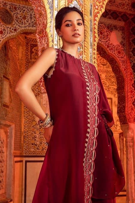 Supria Munjal Purple Satin Georgette And Organza Cording, Kaftan Style Kurta & Palazzo Set Online at Aza Fashions Supria Munjal_Purple Satin Georgette And Organza Cording, Kaftan Style Kurta & Palazzo Set _Online_at_Aza_Fashions