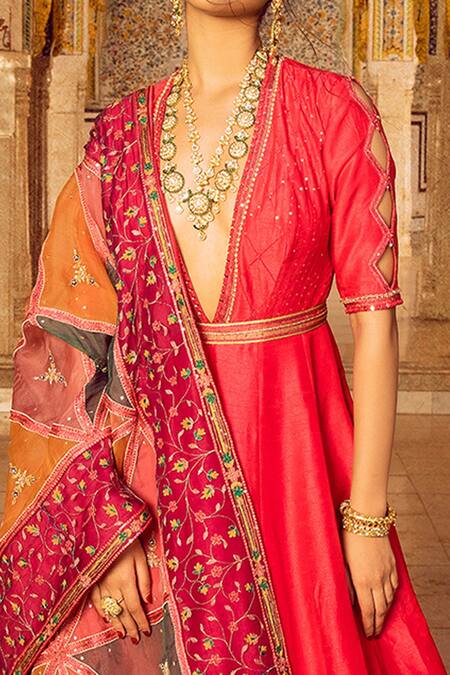 Supria Munjal_Pink Raw Silk And Pure Organza Mirror & Thread, Embroidered Anarkali With Dupatta_Online_at_Aza_Fashions