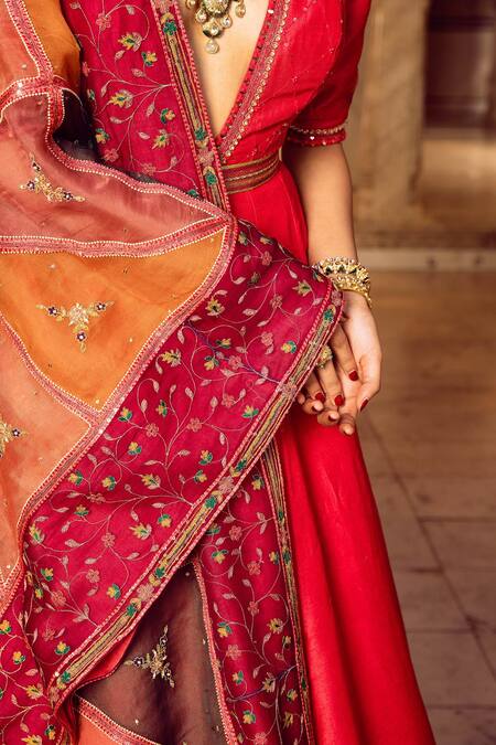 Buy_Supria Munjal_Pink Raw Silk And Pure Organza Mirror & Thread, Embroidered Anarkali With Dupatta_Online_at_Aza_Fashions