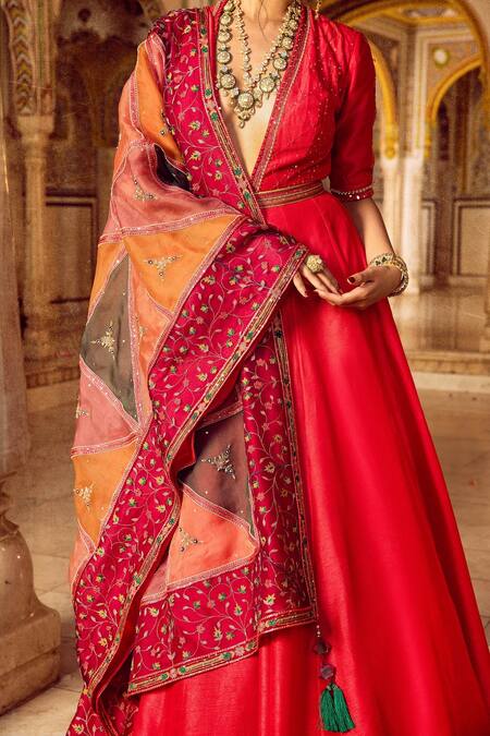 Shop_Supria Munjal_Pink Raw Silk And Pure Organza Mirror & Thread, Embroidered Anarkali With Dupatta_Online_at_Aza_Fashions